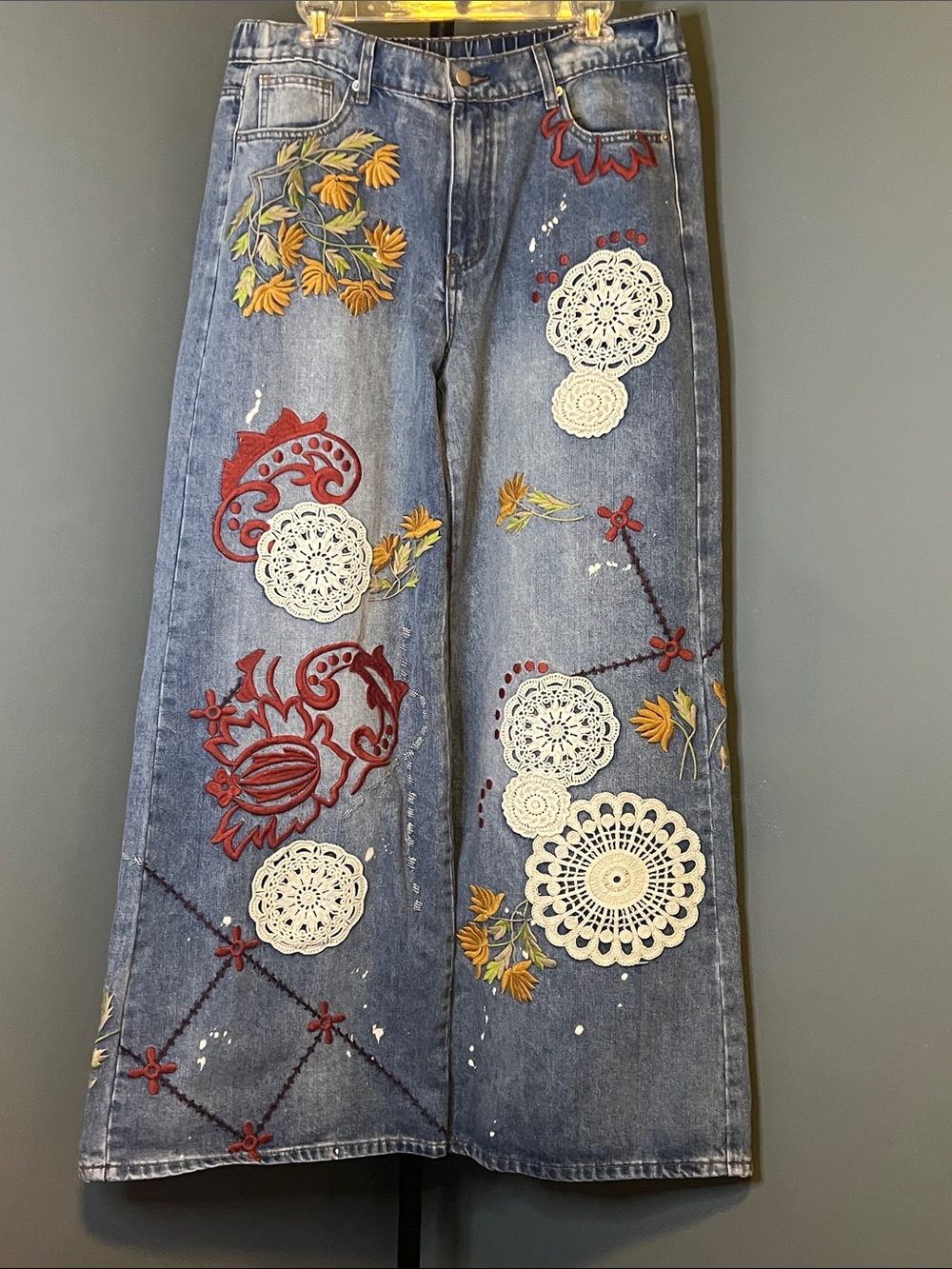 Oli & Hali Blue Denim Wide-Leg Jeans with Red, Cream & Yellow Embroidery